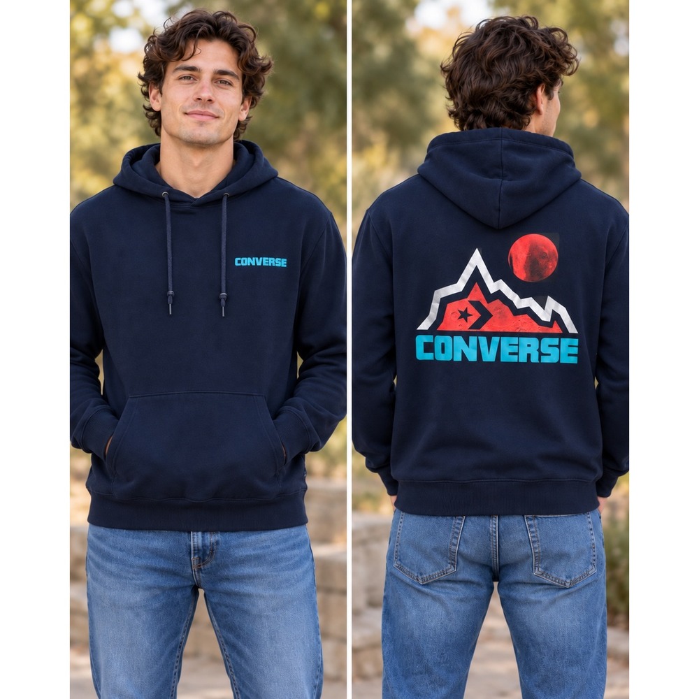 Converse Mountain Moon Hoodie Mens M Navy Blue Graphic Streetwear Skate Pullover